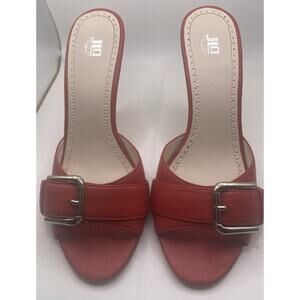 Jennifer Lopez JLO Red Leather Buckle Square Open Toe Slides - Size 8M